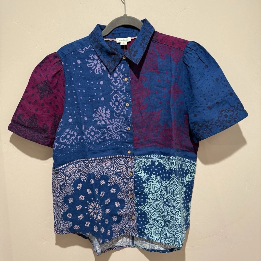 NWT Sundance Linen Patchwork Design Boho Button Up Short Sleeve - Picture 2 of 7